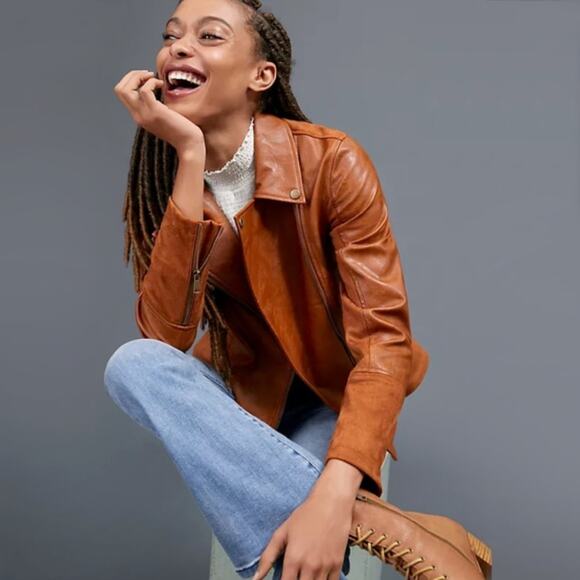 ANTHROPOLOGIE Robyn Faux Leather Moto Jacket Suede Cognac Tan Brown Sz S - Picture 1 of 6